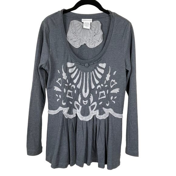 Soft Surroundings Gray Laser Cut Top M Long Sleeve Scoop Neck Boho Cottagecore‎ - Picture 1 of 6